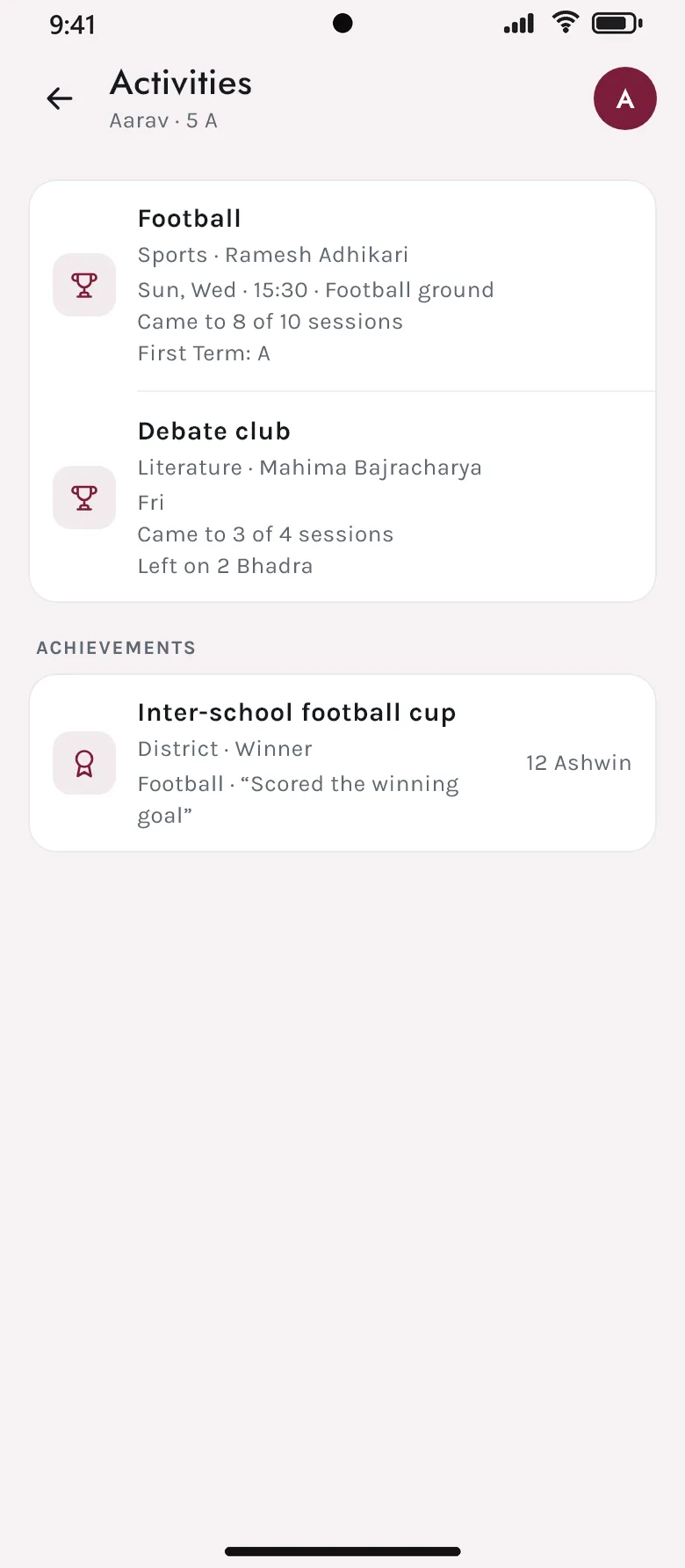 A child’s activities in the Akshara app: football and debate club, with an inter-school cup win