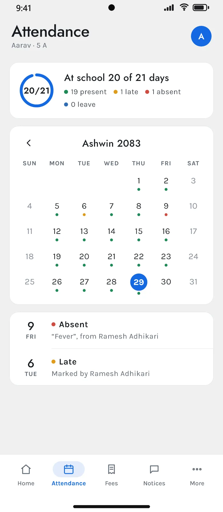 A parent’s attendance screen in a school with blue colours: 20 of 21 days at school in Ashwin 2083
