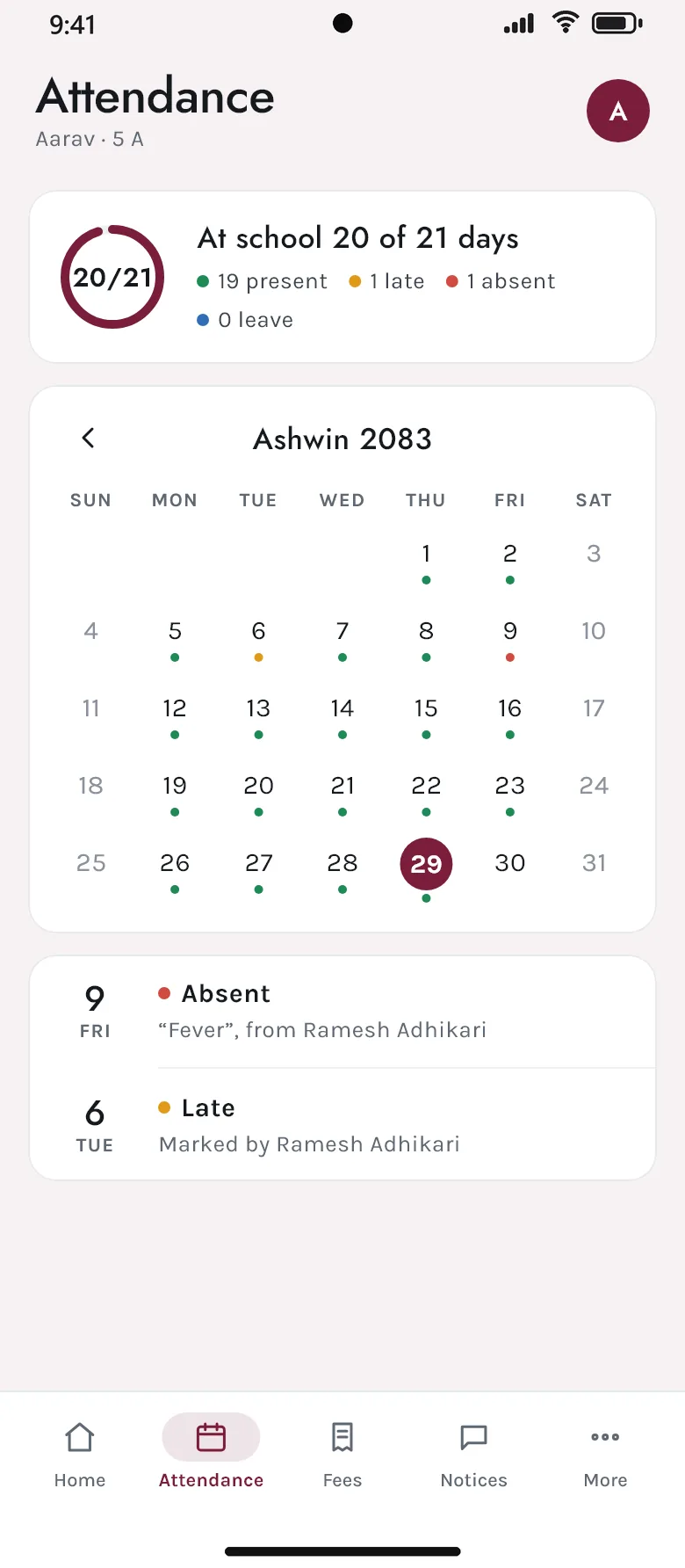 Attendance for Ashwin 2083: at school 20 of 21 days, with one late day and one absence explained
