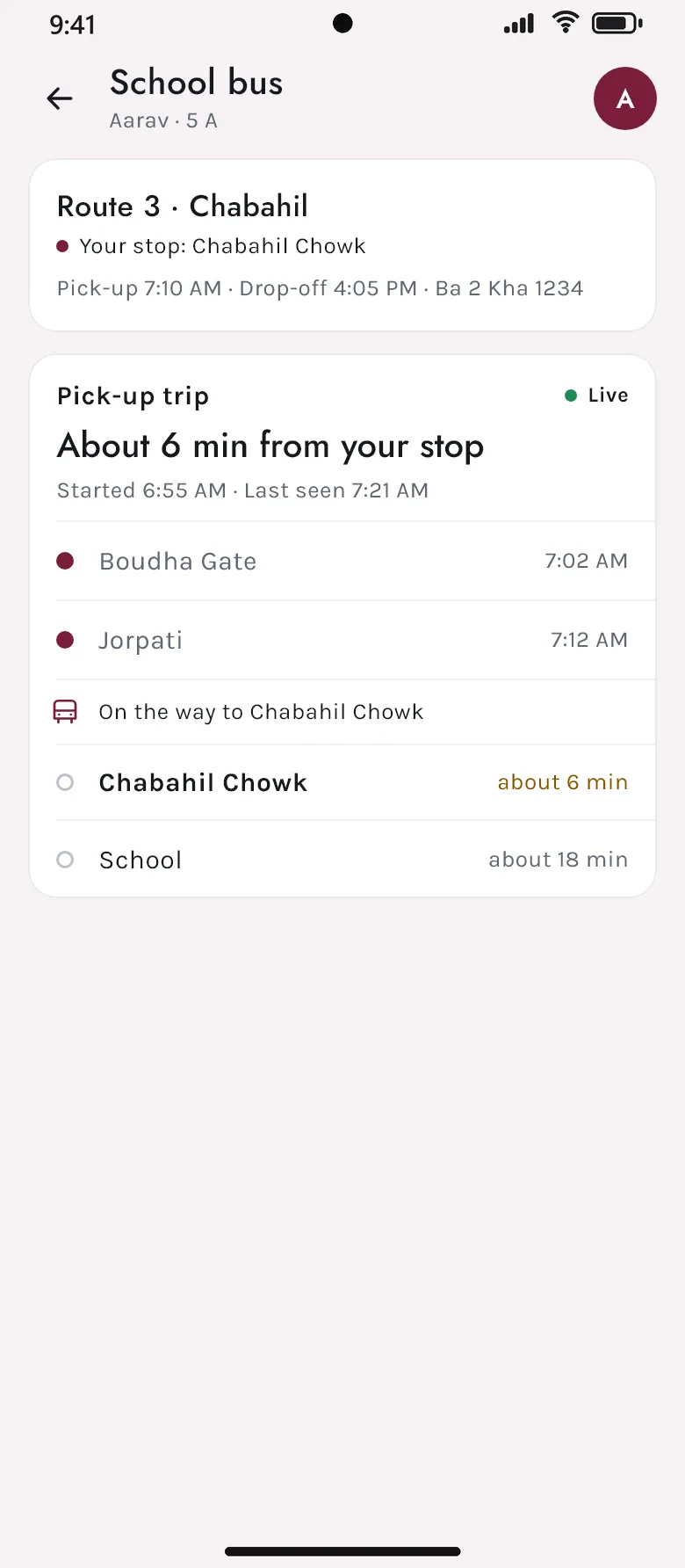 The school bus live in the Akshara app, six minutes from the family’s stop