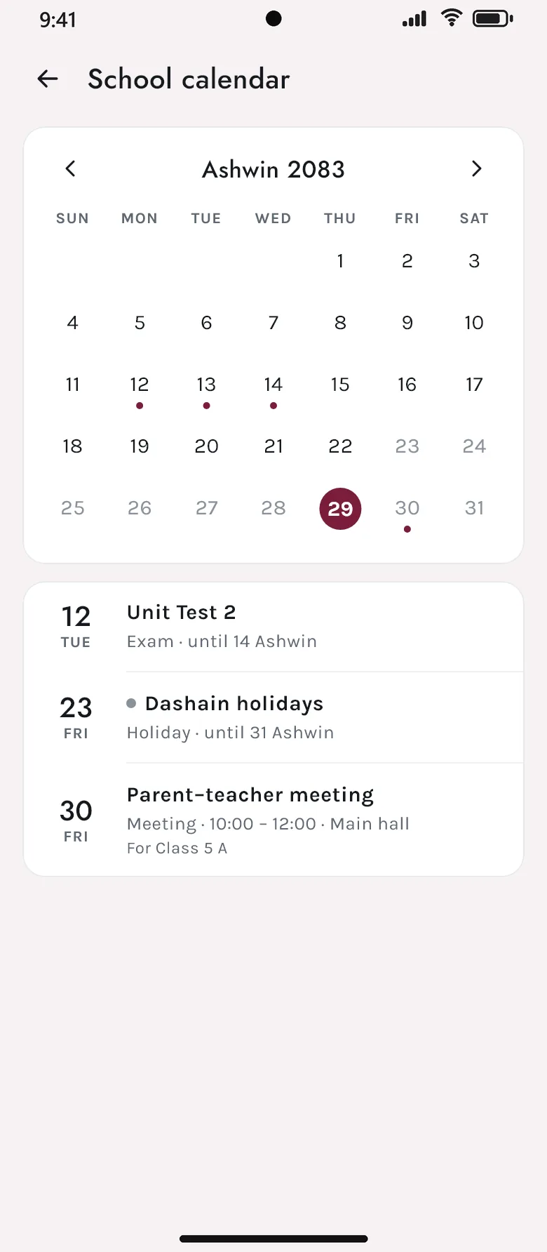 The school calendar in the Akshara app for Ashwin 2083, with a unit test, the Dashain holidays and a parent–teacher meeting