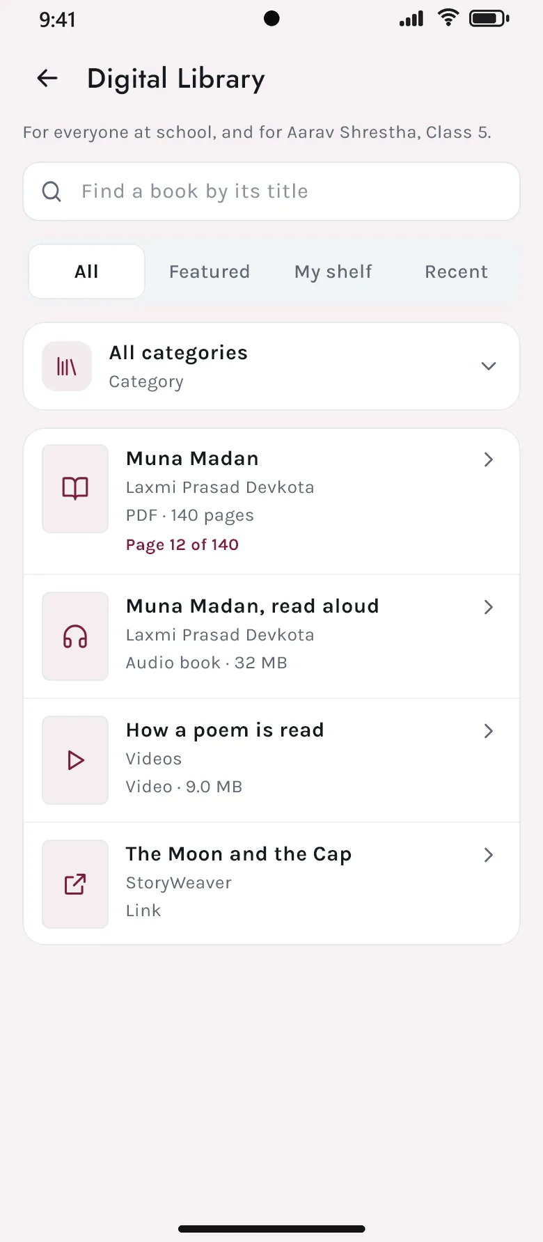 The digital library: books, audio books, videos and links for the child’s class