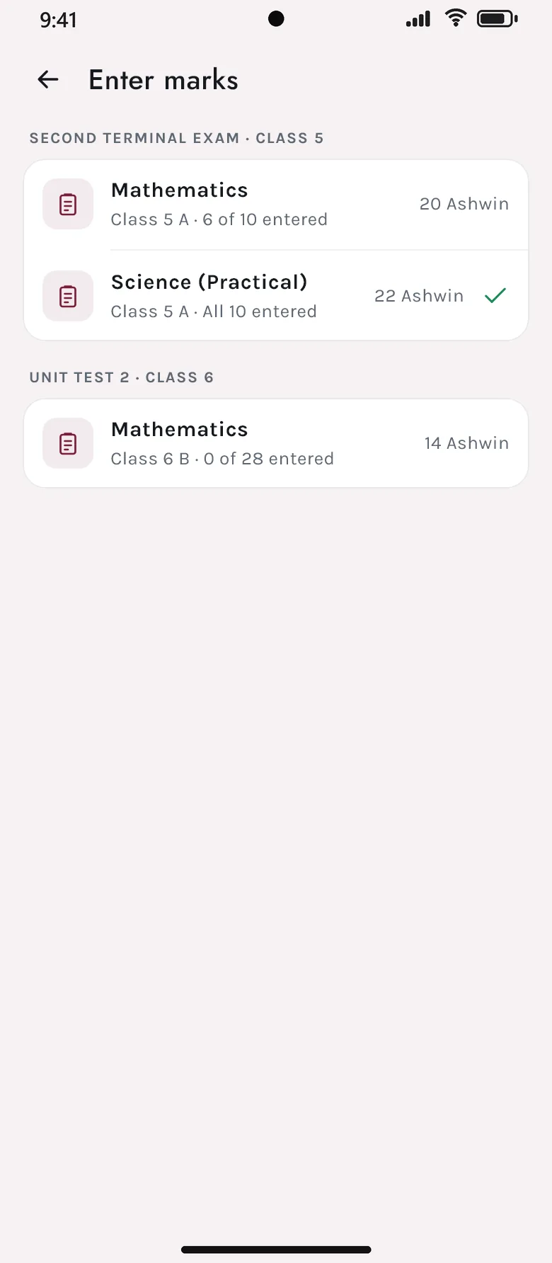 Entering marks in the Akshara app: papers for Class 5 and 6, with how many students’ marks are in