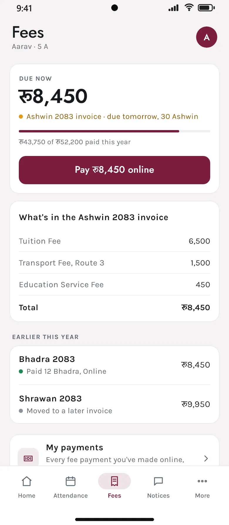 Fees in the Akshara app: रू8,450 due, with a Pay online button