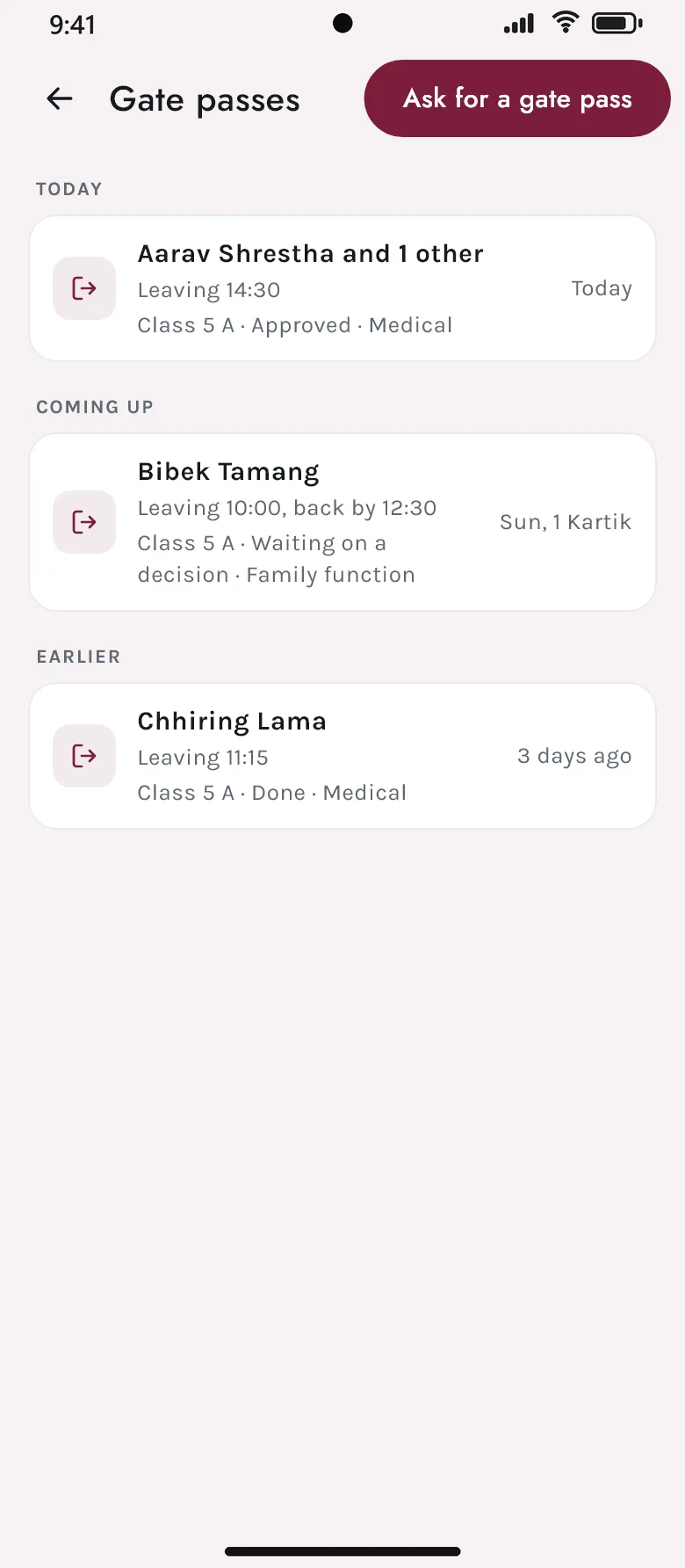 Gate passes in the Akshara app: today’s, coming up and earlier ones, each with who is leaving and why