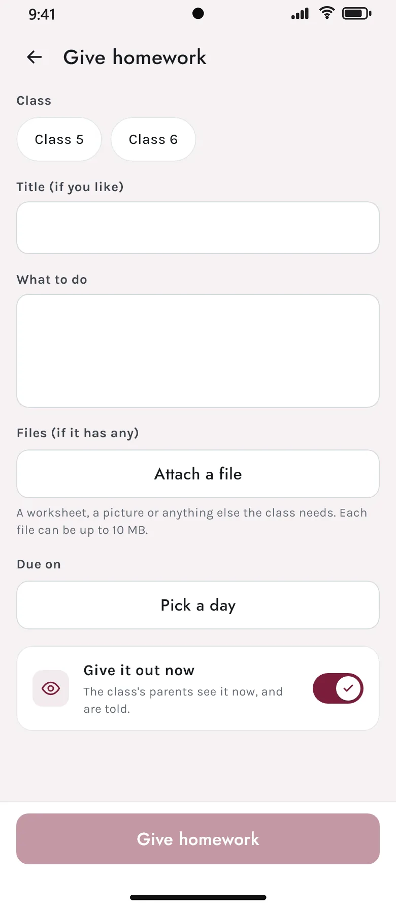 Giving homework in the Akshara app: classes, title, what to do, a file and the day it is due