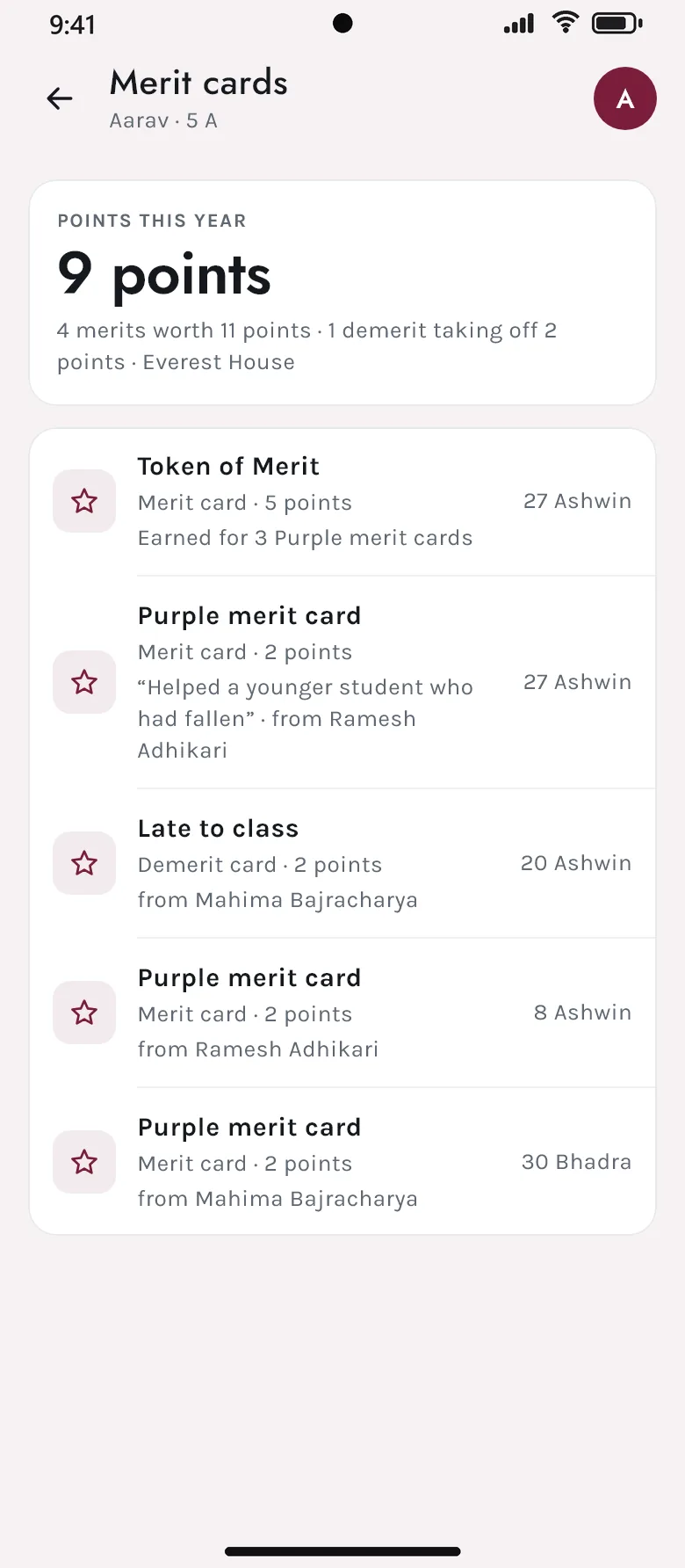Merit cards in the Akshara app: 9 points this year, with a Token of Merit and purple merit cards and who gave them