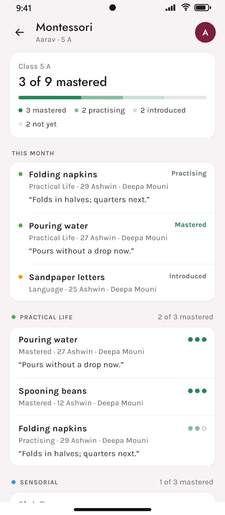 A Montessori journey in the Akshara app: 3 of 9 activities mastered, with notes from the teacher