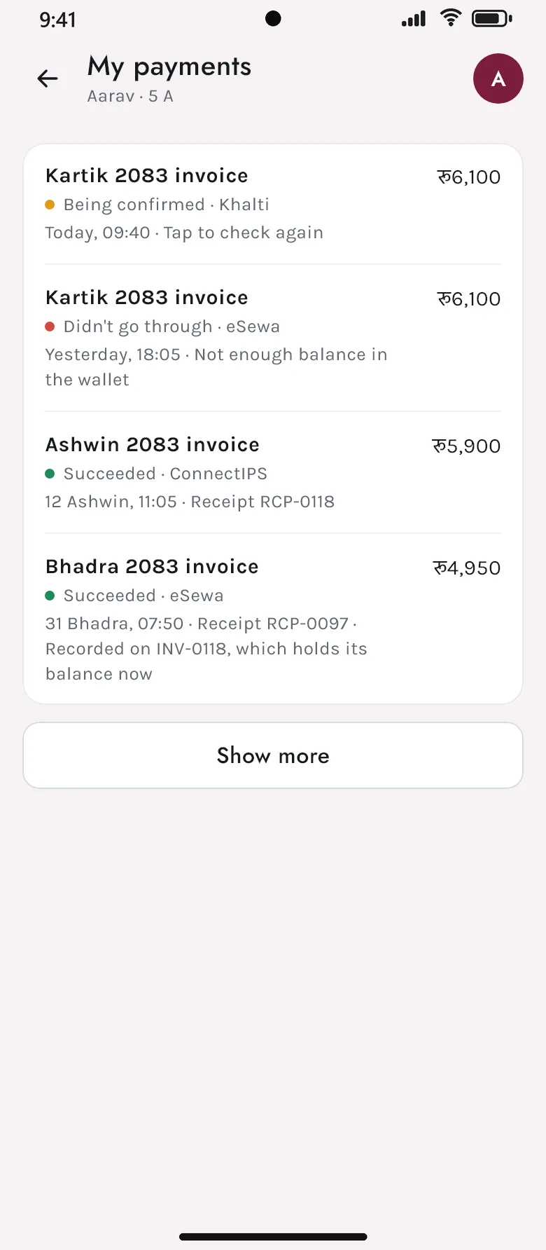 My payments in the Akshara app: Kartik and Ashwin 2083 invoices paid online, one being confirmed, with receipts