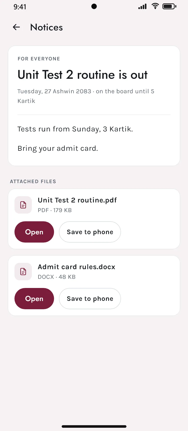 A notice in the Akshara app: Unit Test 2 routine is out, with the routine as a PDF and the admit card rules attached