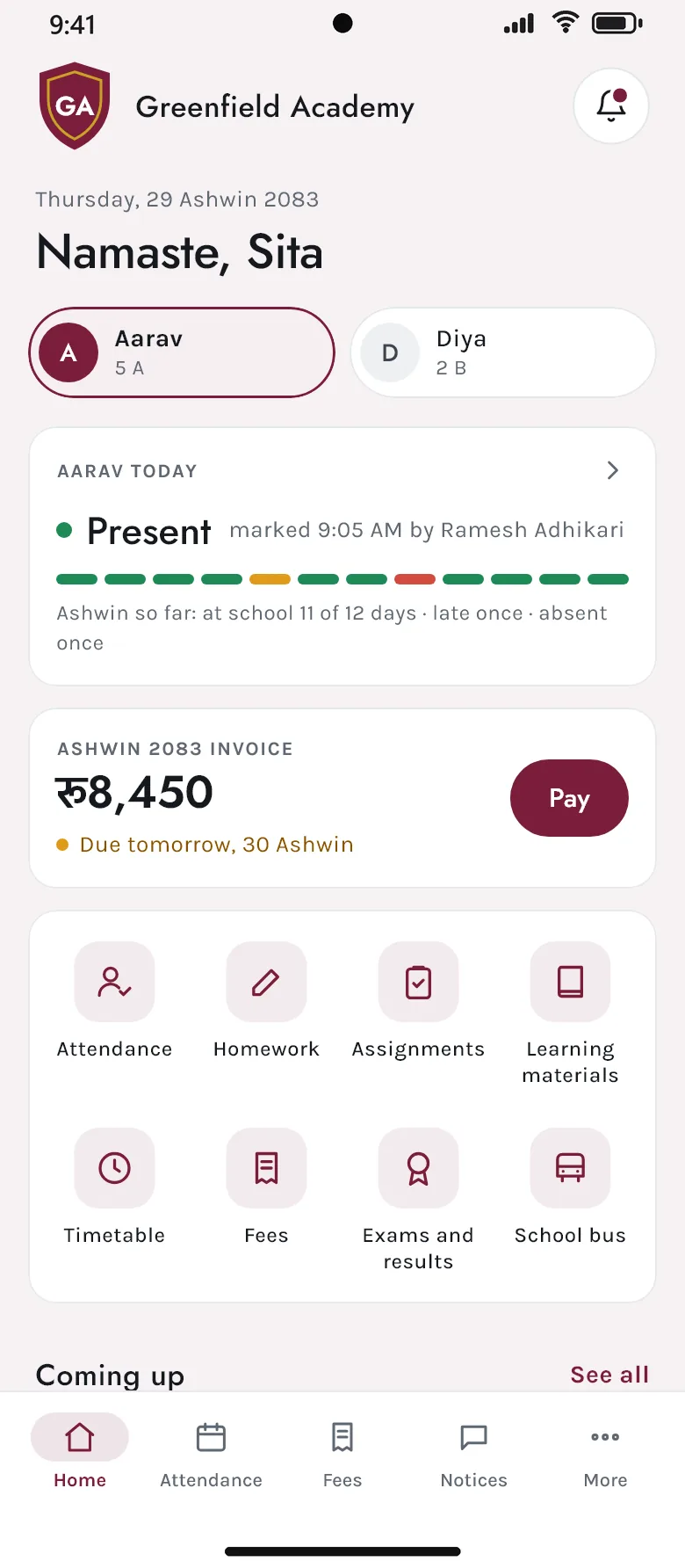 A parent’s home screen in the Akshara app: Aarav present today, the Ashwin invoice due tomorrow and shortcuts to homework, results and the school bus