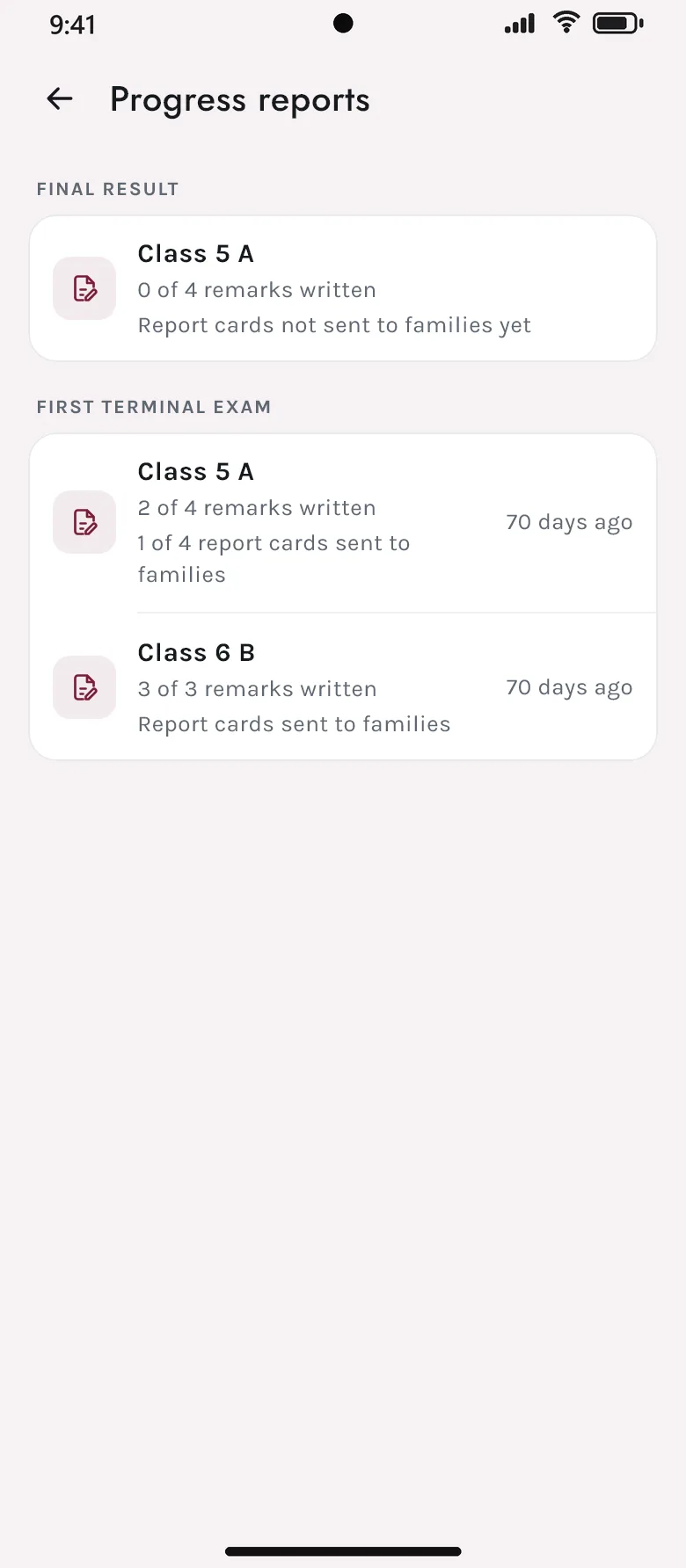 Progress reports in the Akshara app: final result and first terminal remarks for Classes 5 A and 6 B