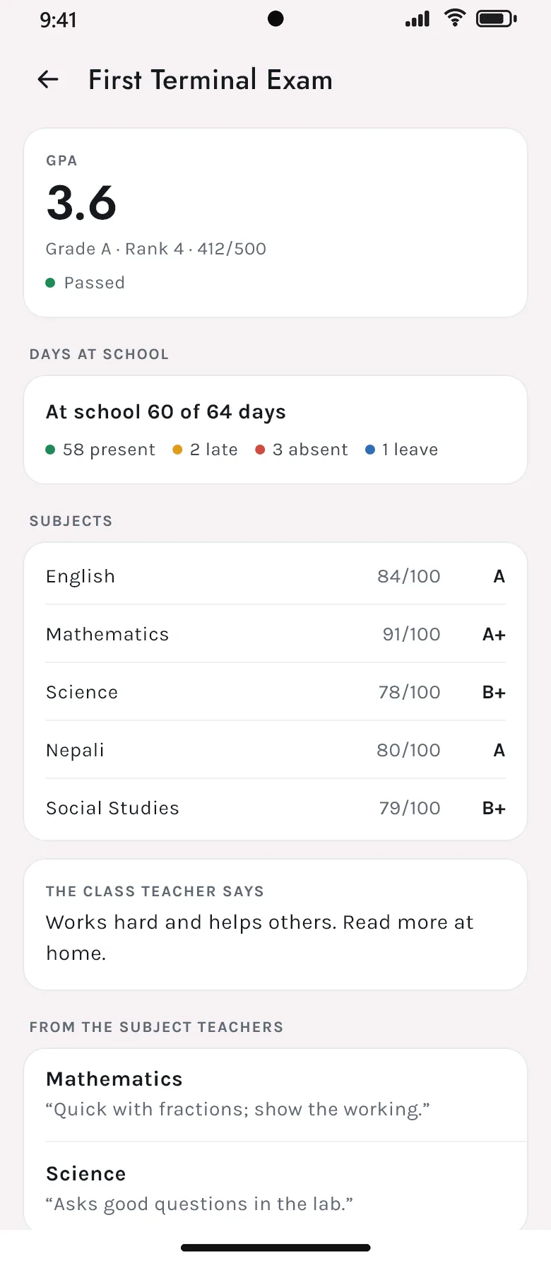 A student’s result in the Akshara app: GPA 3.6, rank, days at school and each subject’s mark and grade