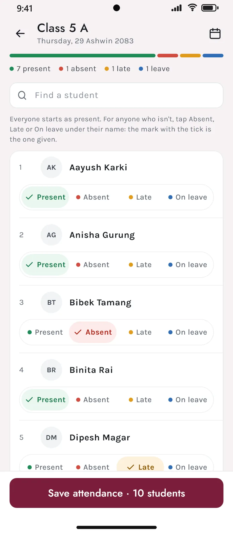 Taking the roll for Class 5 A in the Akshara app