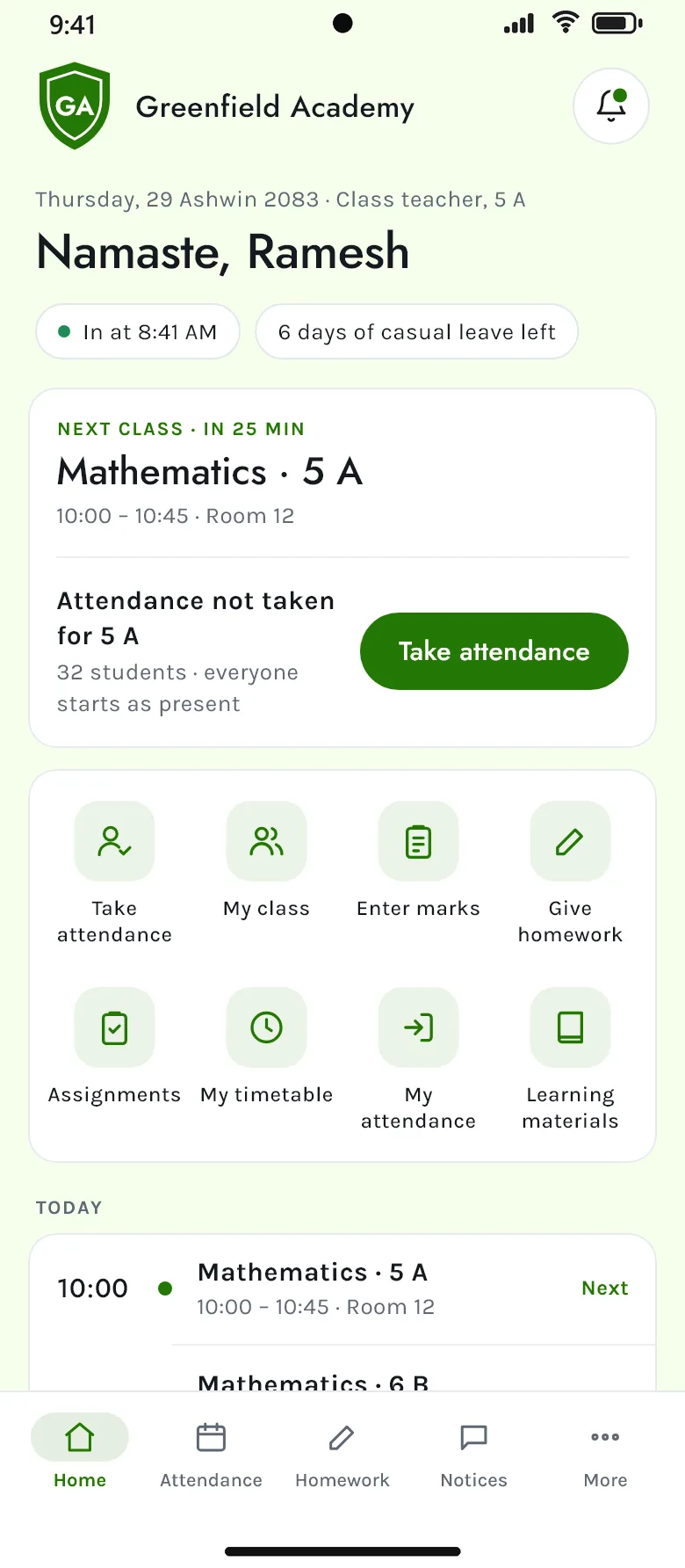 A teacher’s home screen in a school with green colours: the next class in 25 minutes and attendance still to take