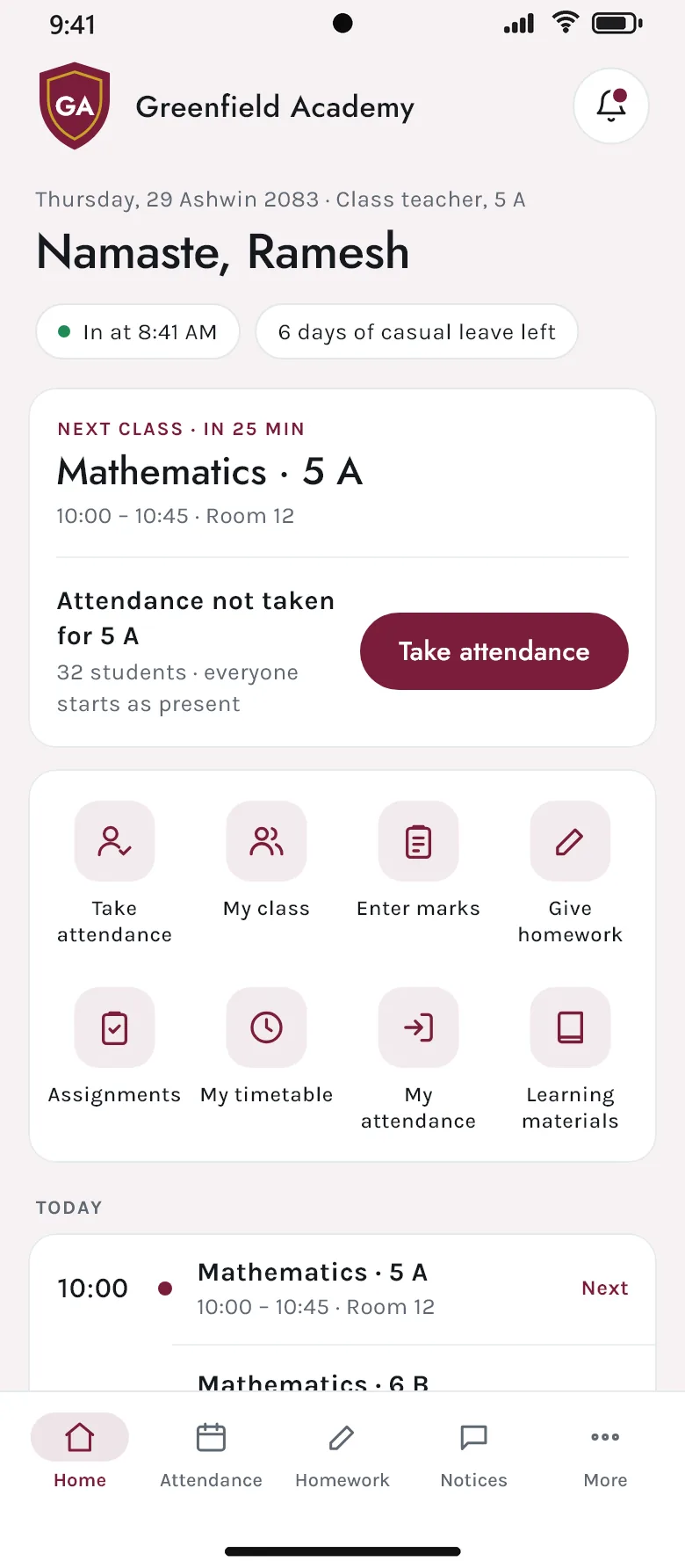A teacher’s home screen in the Akshara app showing their punch-in time and casual leave left